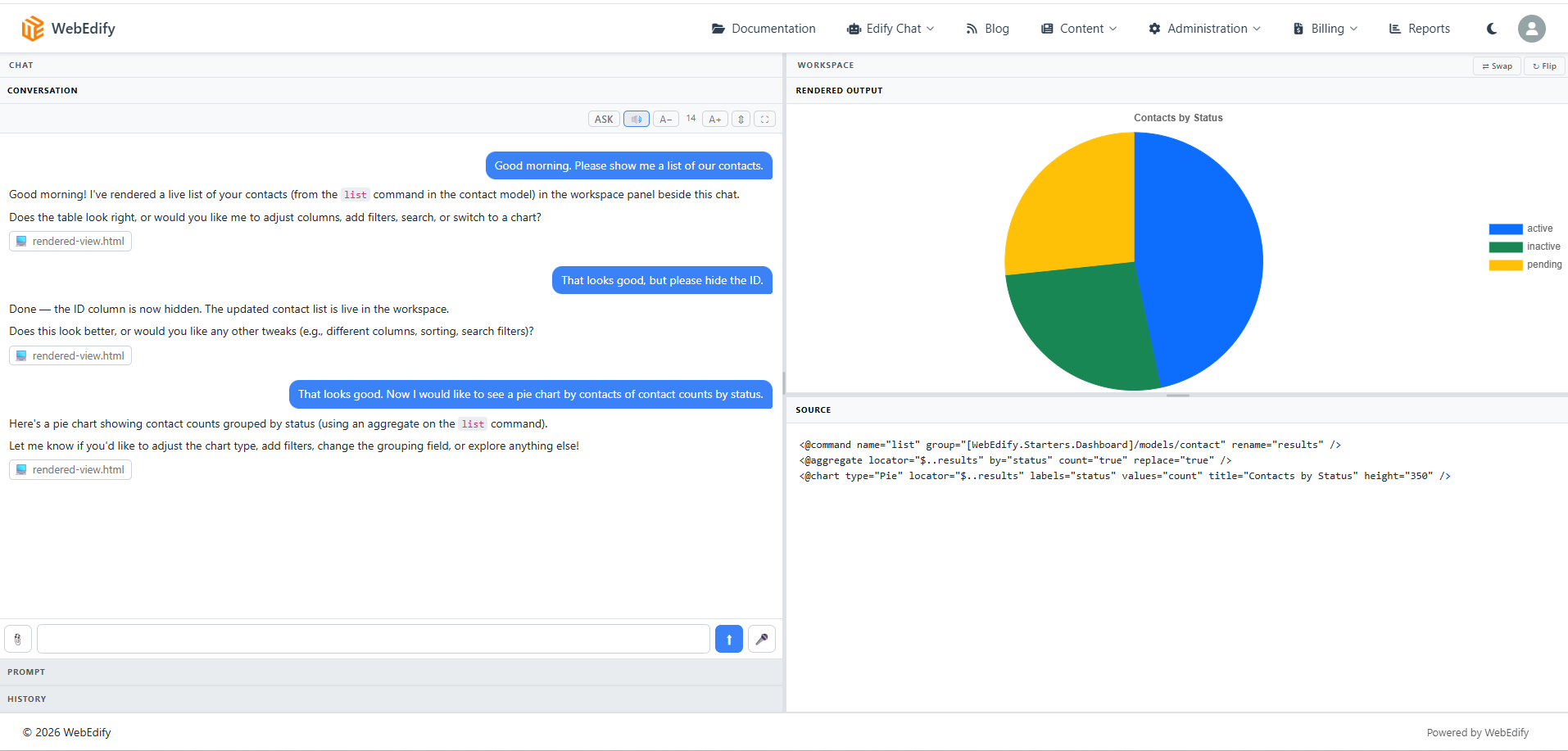 The AI workspace in a single frame: a conversation on the left, and on the right a pie chart of contacts by status above the SOURCE panel showing the command, aggregate, and chart tags that produced it