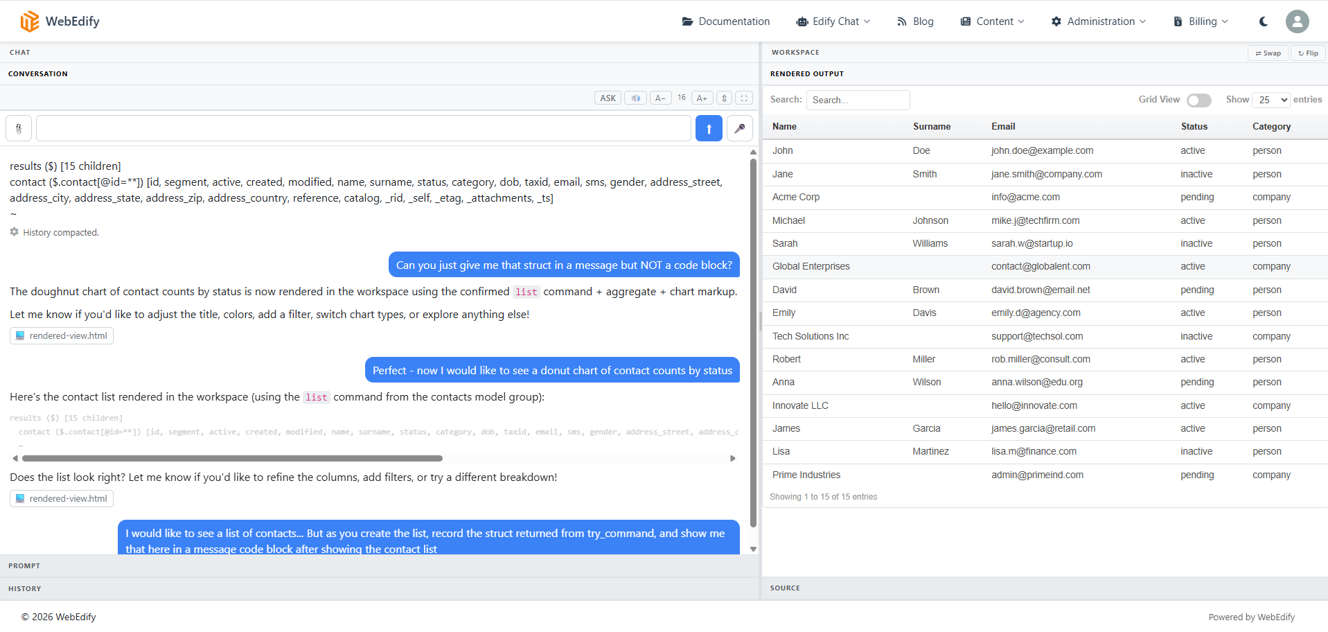 The AI workspace: on the left the assistant reports the structure it received — fifteen records and every field name with no values — and on the right the contact list it rendered into the workspace
