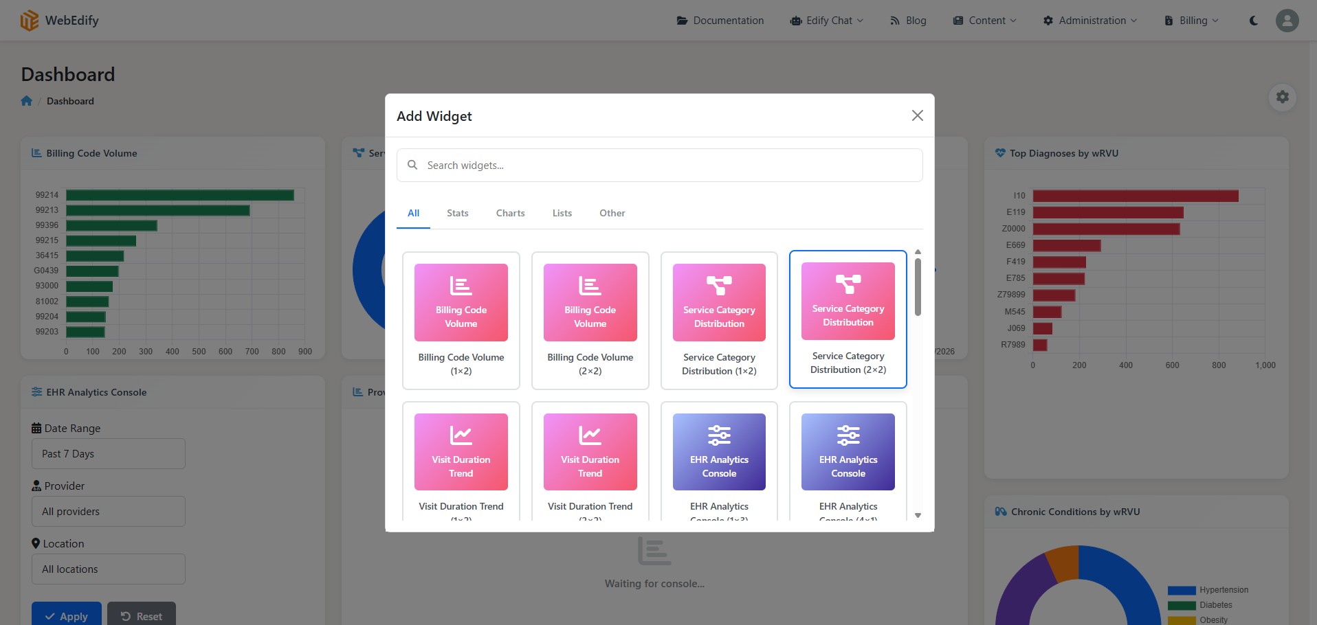 The Add Widget gallery open over a dashboard, showing widget tiles grouped by category with 1x2 and 2x2 size variants